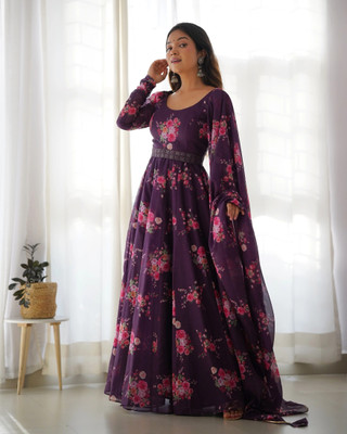 Jash Creation Women Fit and Flare Purple Maxi/Full Length Dress