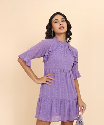 Tokyo Talkies Women Ruffled Purple Above Knee/Mid Thigh Length Dress