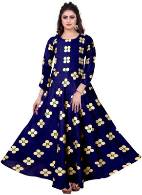 zalya Women Fit and Flare Dark Blue, Green, Gold Ankle Length Dress