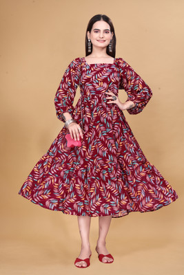 HouseOfCommon Women Ethnic Dress Maroon Knee Length Dress