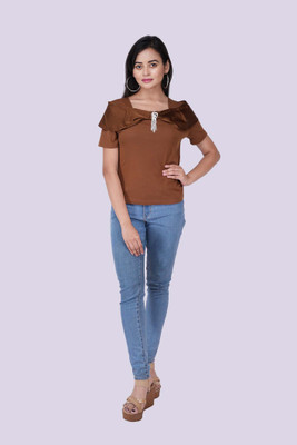Mimoo Fashionz Casual Solid Women Brown Top
