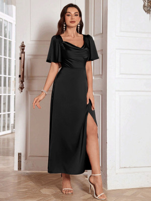 OUTZIDR Women A-line Black Ankle Length Dress
