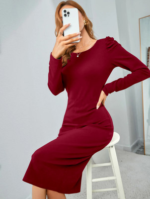Crispin Women Bodycon Maroon Midi/Calf Length Dress