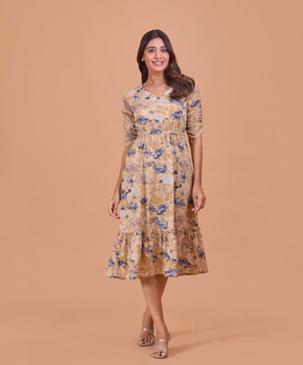 FashFun Women Fit and Flare Yellow Midi/Calf Length Dress