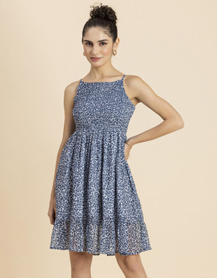 moomaya Women Gathered Blue, White Above Knee/Mid Thigh Length Dress