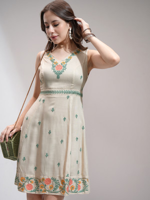 Vishudh Women A-line Beige Knee Length Dress