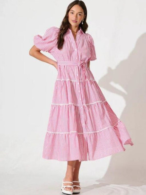 KAVATHIYA Women Fit and Flare Pink Maxi/Full Length Dress