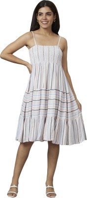 Globus Women Fit and Flare Grey, Light Blue, White Dress