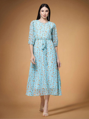 Moda Rapido Women Fit and Flare Blue Below Knee Dress