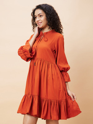 Globus Women A-line Orange Above Knee/Mid Thigh Length Dress