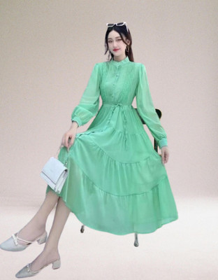 N R CREATIVE Women A-line Light Green Midi/Calf Length Dress