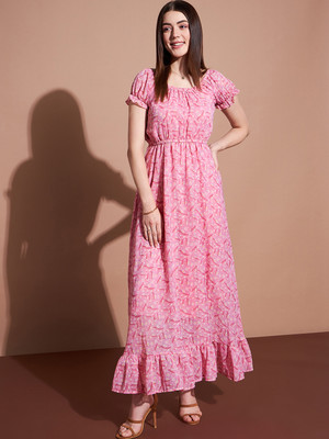 Deewa Women Fit and Flare Pink, White, Yellow Maxi/Full Length Dress