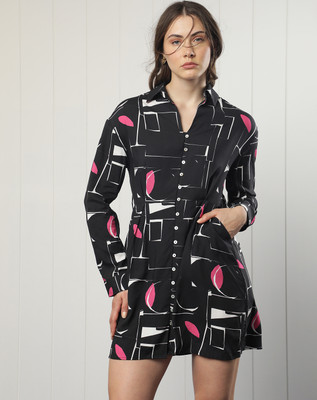 RAREISM Women Fit and Flare Black, White, Pink Midi/Calf Length Dress