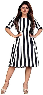 mantha enterprise Women A-line White, Black Knee Length Dress