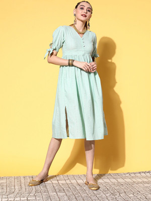 Yufta Women Fit and Flare Light Green Midi/Calf Length Dress
