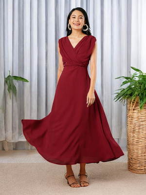 Cartyshop Women Fit and Flare Maroon Maxi/Full Length Dress