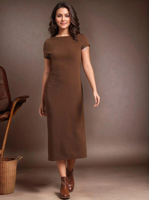 Dwarros Women Sheath Brown Midi/Calf Length Dress