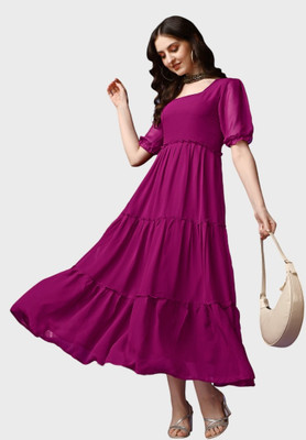 Krunal Raiyani Women Fit and Flare Purple Maxi/Full Length Dress