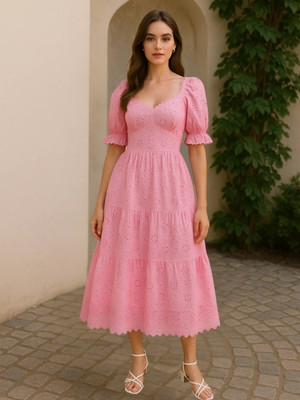 MARC LOUIS Women Fit and Flare Pink Midi/Calf Length Dress