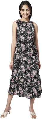 YU by Pantaloons Women Fit and Flare Black Midi/Calf Length Dress