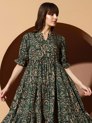 ZWERLON Women A-line Green Midi/Calf Length Dress