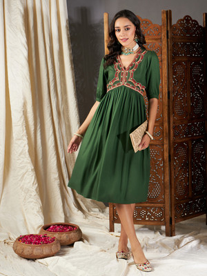 Shae by SASSAFRAS Women Fit and Flare Green Midi/Calf Length Dress