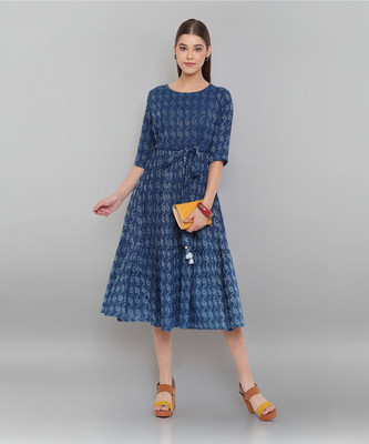 Janasya Women Fit and Flare Blue Midi/Calf Length Dress