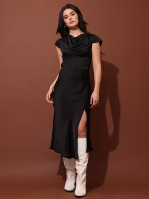 PURVAJA Women Fit and Flare Black Midi/Calf Length Dress
