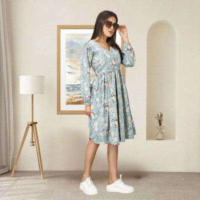 GIVAFAISHONS Women Fit and Flare Light Green Knee Length Dress