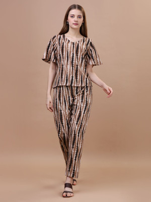 Glomee Women Printed Brown Top & Pyjama Set