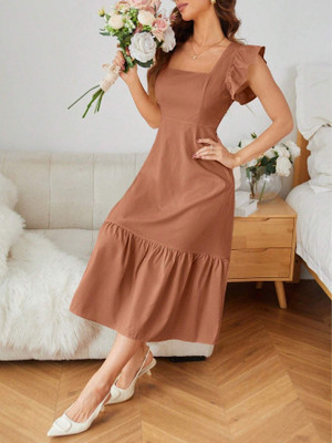 Anni Designer Women Fit and Flare Beige Midi/Calf Length Dress