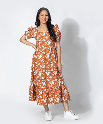 all about you Women Tiered Yellow Midi/Calf Length Dress