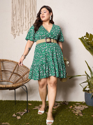 Berrylush Curve Women Fit and Flare Green Mini/Short Dress