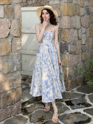 OUTZIDR Women A-line Blue, White Ankle Length Dress