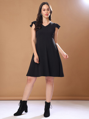 PURVAJA Women Fit and Flare Black Above Knee/Mid Thigh Length Dress