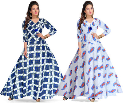 Shunit creation Women Fit and Flare Blue, White Maxi/Full Length Dress