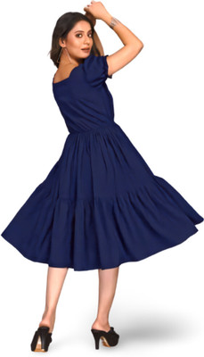 HouseOfCommon Women Fit and Flare Blue Below Knee Dress
