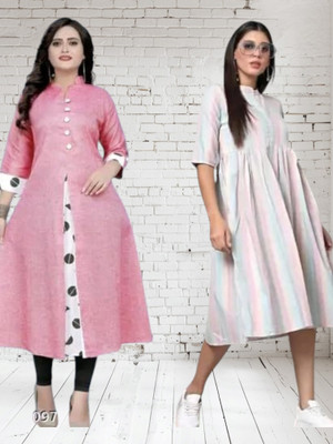 Houseofcommonk Women Solid, Striped Anarkali Kurta(Pink, White)