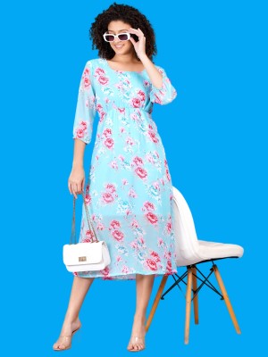 JC4U Women Fit and Flare Light Blue Dress