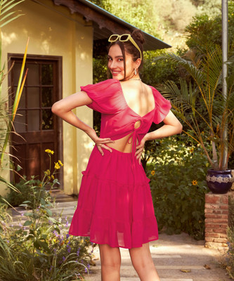 SASSAFRAS Women Skater Pink Above Knee/Mid Thigh Length Dress