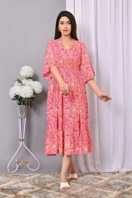 VYMO Women Fit and Flare Beige, Dark Green Below Knee Dress