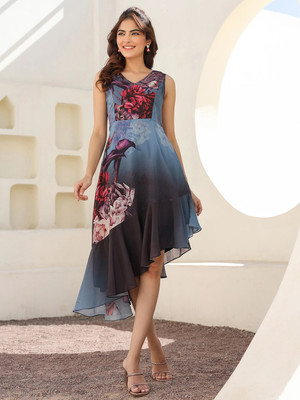 Janasya Women Asymmetric Grey Midi/Calf Length Dress