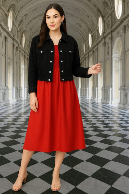drzoom Women A-line Black, Red Midi/Calf Length Dress