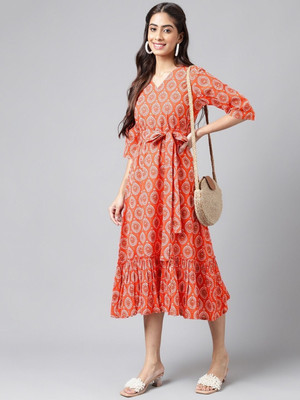 Janasya Women Ruffled Orange, White Below Knee Dress