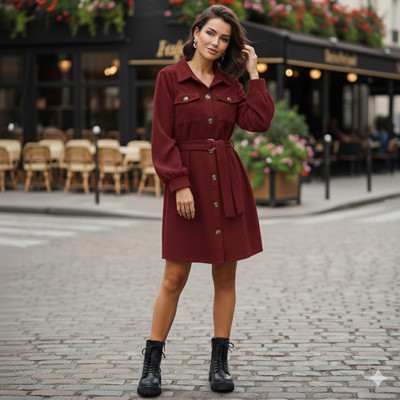 Mayneisha Women Fit and Flare Maroon Knee Length Dress