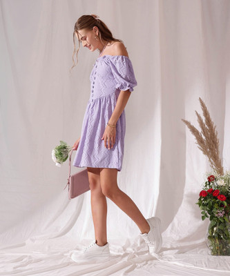 STREET9 Women Cinched Waist Purple Above Knee/Mid Thigh Length Dress