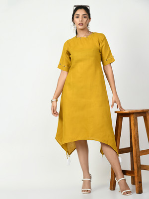 Myshka Women Asymmetric Yellow Knee Length Dress