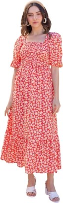 amar fashion Women Maxi Red, White Dress