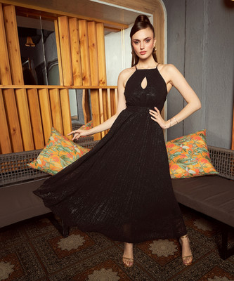 KASSUALLY Women Fit and Flare Black Maxi/Full Length Dress