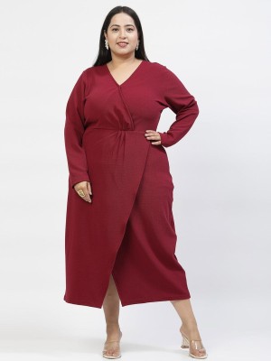 PLUSS Women Fit and Flare Maroon Dress